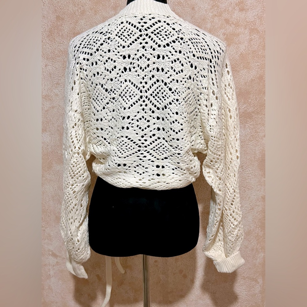 Off White or Milky White Knit Semi Sheer Wrap Sweater - Decorative Side Tie - Picture 12 of 13